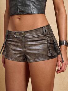 SHEIN BAE Fashionable Personalized Zipper Pocket Button Mini Slim Fit Women Shorts - Coffee Brown - View 3