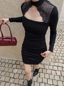 K-Vae 女式撞色蕾丝镂空设计长袖紧身性感连衣裙 - 黑色 - 查看 4