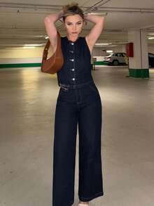 Jeta Ari 女士休闲牛仔背心和裤子两件套，简约时尚，适合日常穿着 - 深色水洗藍 - 查看 5