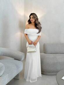 Jemour Váy lưới hở vai nhún eo cho nữ, thanh lịch cho tiệc cưới, đêm hẹn hò - trắng - Xem 6