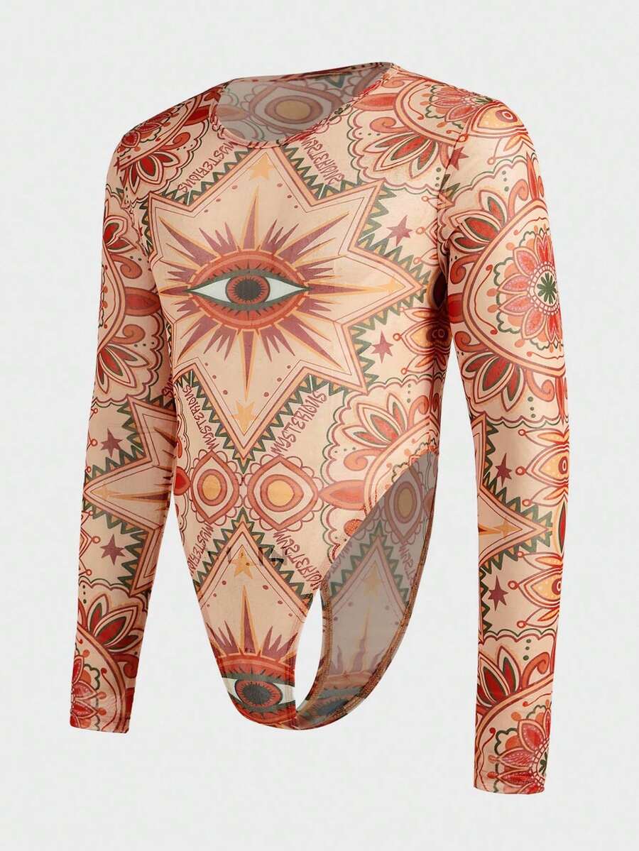 FeverCity Men Printed Crew Neck Long Sleeve Bodysuit, Fall