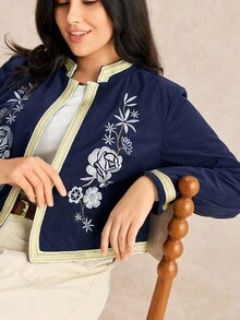 SHEIN LUNE Plus Size Women's Vintage High-End Design Ribbon Splice Stand Collar Long Sleeve Embroidered Cropped Cardigan, Versatile - Navy Blue - View 4
