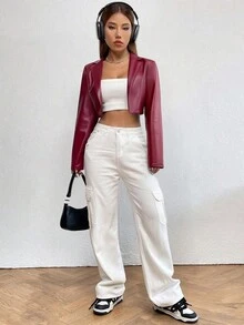 SHEIN Unity 女士时尚机车PU短款夹克 - 酒紅色 - 查看 5