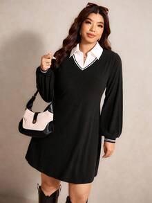 Elaquor 大码女式撞色条纹衬衫领长袖休闲连衣裙 - 黑色 - 查看 4