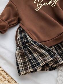 SHEIN Baby Girl Cute Color Block Long Sleeve Dress,Autumn Winter Brown Plaid Outfit For Graduation,Back-To-School Season Toddler Mocha Clothes Set - Multicolor - View 6
