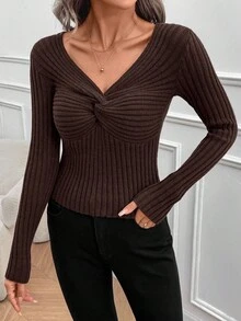 EMERY ROSE Women's Vintage Deep V Twist Knit Sweater, Ribbed Texture Slim Fit Long Sleeve Cropped Pullover, Autumn/Winter  Brown - Brown - View 3