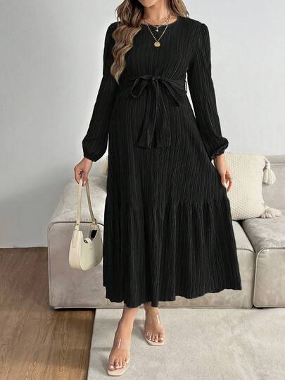 SHEIN Maternity Solid Color Round Neck Lantern Sleeve Ruffle Hem Waist Tie Casual Dress