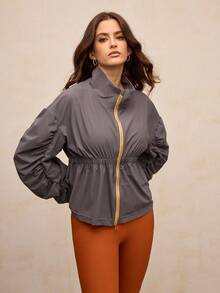 Activina Women's Grey Woven Fabric Short Sports Jacket With Stand Collar Long Sleeves And Front Zipper Closure - Grey - View 5