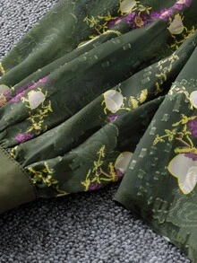 DreamSkyne 大码女式花卉镂空印花翻领长袖休闲优雅衬衫 - 軍綠色 - 查看 5