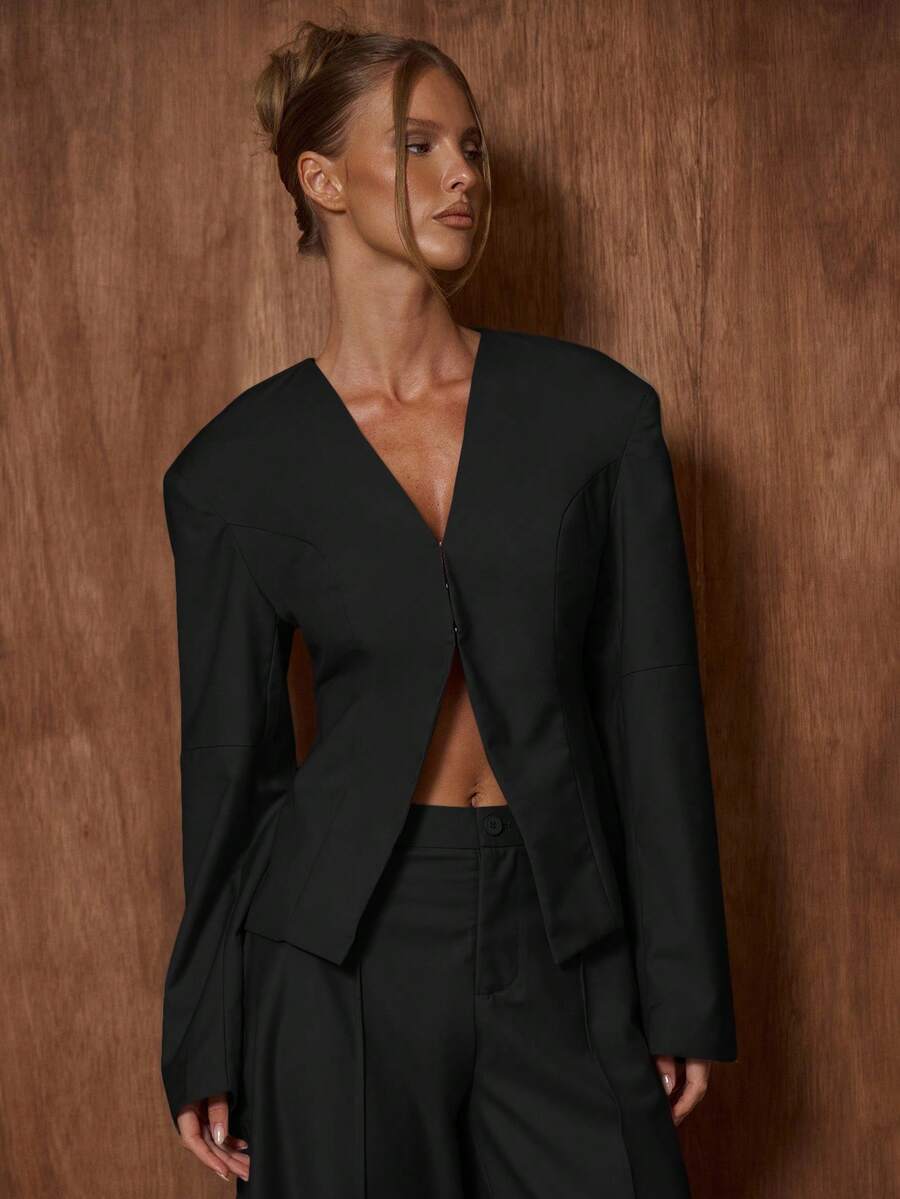MUSERA Áo blazer cổ chữ V khoét sâu, vai độn, eo thon, thích hợp cho buổi hẹn hò, đi chơi tối, mùa thu, công sở, kiểu dáng thanh lịch, mùa xuân. - màu đen - Xem 1