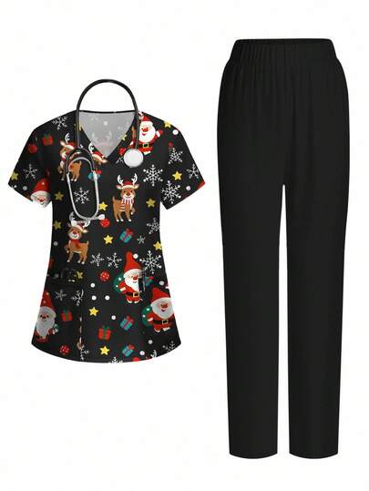 PopScrub 圣诞老人、驯鹿和礼物卡通数码印花女士时尚V领短袖口袋磨砂上衣和裤子制服套装
