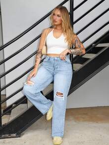 Arliah 女式前扣口袋做旧洗水直筒牛仔裤 - 淺色水洗藍 - 查看 1