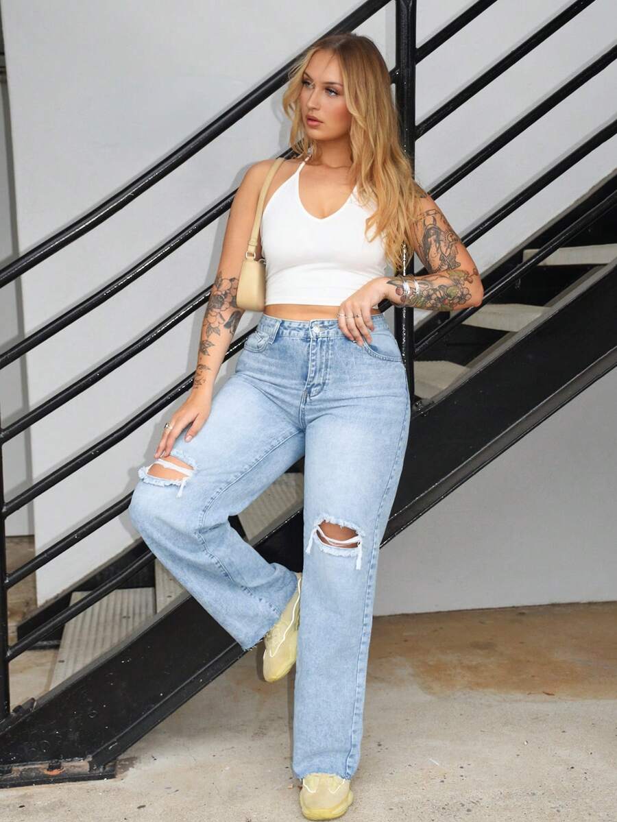 Arliah 女式前扣口袋做旧洗水直筒牛仔裤 - 淺色水洗藍 - 查看 1