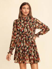 Coeurva 满版印花荷叶边袖荷叶边下摆褶皱领褶裥连衣裙 - 綠色 - 查看 3