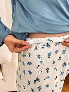 Moonlight&Mama 2pcs Maternity Sleepwear Set - Lace Patchwork Long Sleeve Top & Ditsy Floral Long Pants, Winter - Blue - View 6