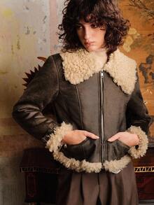 Aveloria Damenjacke aus Pelz und Leder mit schmaler Taille, kurzer Schnitt, pelziges großes Reversdesign, Bündchen mit offener Kante, versteckte Taschen, vielseitige schmale Passform, Freizeitjacke für den täglichen Weg zur Arbeit, Herbstkleidung für Damen, Winterkleidung für Damen, Damen-Winterjacke mit Reißverschluss - Dunkelgrau - Übersicht 2