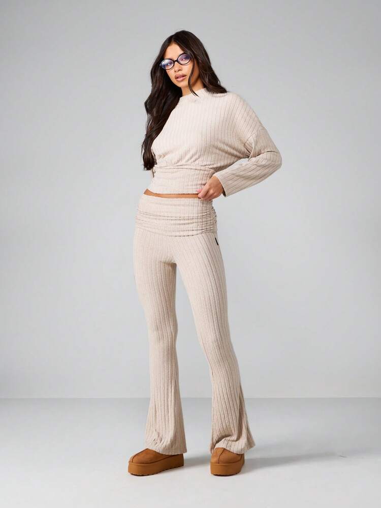 MISSGUIDED Ribbed Knit Long Sleeve Crop Top And High Waist Flared Pants Two Piece Set Fall Winter Loungewear Matching Co Ord