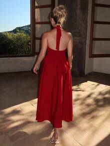 Turnttoni 女式露背褶饰蝴蝶结摆裙，红色派对女装，跨年晚会服装，化妆舞会礼服，生日女装，性感红色连衣裙，蝴蝶结连衣裙，新年公主女装 - 紅色 - 查看 2