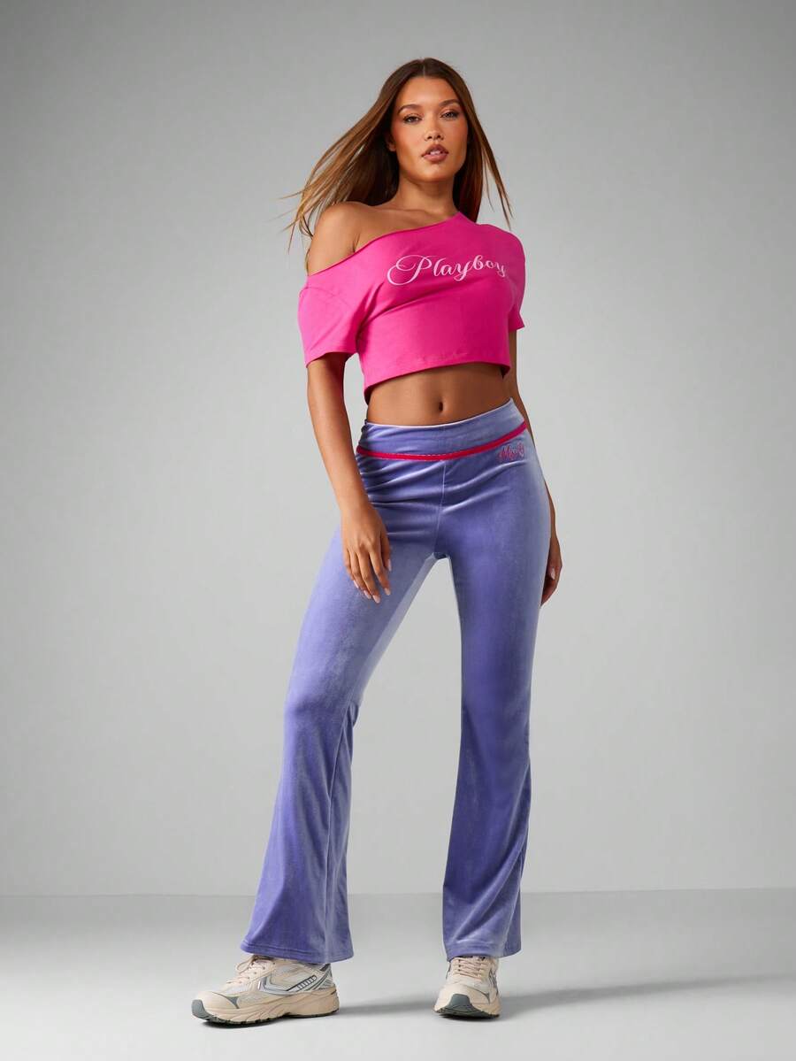 MISSGUIDED 天鹅绒喇叭裤 Y2K 复古阔腿瑜伽休闲裤 美观秋冬舒适下装 - 紫色 - 查看 1