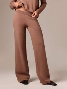 AiiRZ Pantalones de punto de pierna ancha para estar en casa, cómodos y acogedores, con cintura acanalada de talle alto, pantalones casuales de temporada de invierno y otoño, de longitud completa, de lujo y con pierna acampanada - Café integral - Ver 1