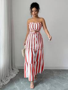 Elenzga 2025 年夏季新款裹胸优雅蓝白条纹性感时尚女士百搭优雅系腰露肩细肩带可变换连衣裙，适合约会、郊游、度假、节日、独立日、返校、教师装、婚礼、派对、音乐节、啤酒节、万圣节、感恩节 - 紅色 - 查看 4