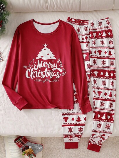 1 Set Feliz Navidad Adolescente Niño Parte Superior de Manga Larga con Estampado de Árbol de Navidad Rojo y Letras y Pantalones, Adecuado para Otoño/Invierno