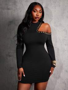 SHEIN SXY Plus Size Women's Long Sleeve Left Shoulder Hollow Out Eyelet Decor Bodycon Long Dress, Autumn/Winter Bodycon Plus Size Dress One Shoulder Dress Curve