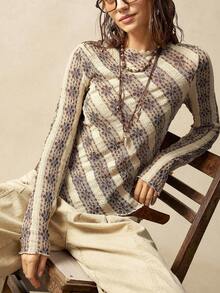 Bohemela 女式休闲纯色针织蕾丝圆领长袖上衣 - 杏色 - 查看 2