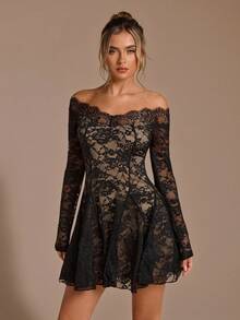 SHEIN BAE 黑色蕾丝露肩紧身迷你连衣裙，优雅性感女式长袖蕾丝连衣裙，黑色蕾丝连衣裙，优雅小黑裙 - 黑色 - 查看 6