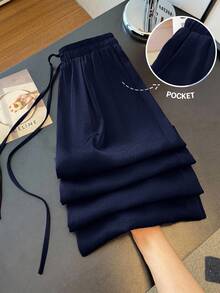 GlowEve Women's Textured Satin Drape Comfortable Elegant Casual Vacation Wide Leg Pants, Spring/Summer - Royal Blue - View 5