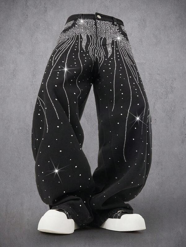 Manfinity Denimwave Fashionable Rhinestone Embellished Denim Wide Leg Pants, Unisex Streetwear