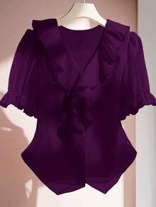 SHEIN Clasi Áo cánh tay bồng ngắn cổ bèo nhún màu trơn cỡ lớn thời trang cho nữ - Màu tím - Xem 1