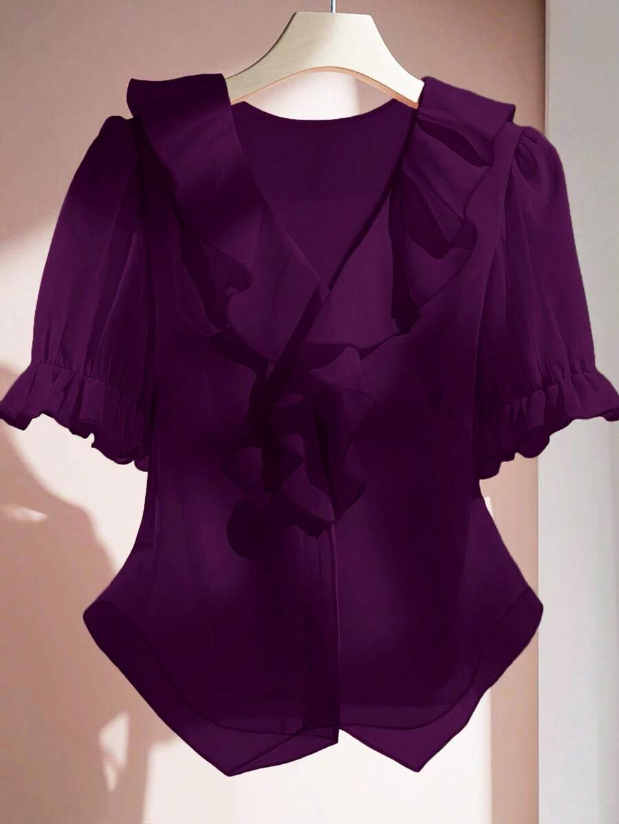 SHEIN Clasi Áo cánh tay bồng ngắn cổ bèo nhún màu trơn cỡ lớn thời trang cho nữ - Màu tím - Xem 1