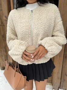 SHEIN EZwear 女士休闲拉链羊羔绒夹克，米色 - 米色 - 查看 4