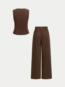 SHEIN Clasi Plus Size Women Corduroy Vest & Metal Buckle Casual Straight Leg Pants Set, Comfortable Daily Wear, Autumn/Winter - Coffee Brown - View 2