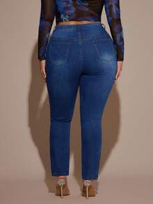SHEIN BAE Plus Size High Waist Water Wash Jeans - Dark Wash - View 2