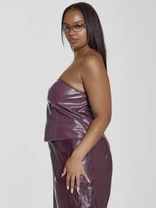 MUSERA Plus Fitted Faux Leather Bandeau Top Cool Girl, Going Out, Sexy, Party, Festive, Holidays, Night Out Festival Spring Summer - Burgundy - View 4