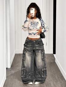 BamGleam Women's Floral Print Round Neck Long Sleeve Cropped Casual T-Shirt