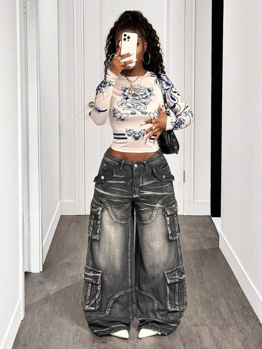 BamGleam Women's Floral Print Round Neck Long Sleeve Cropped Casual T-Shirt