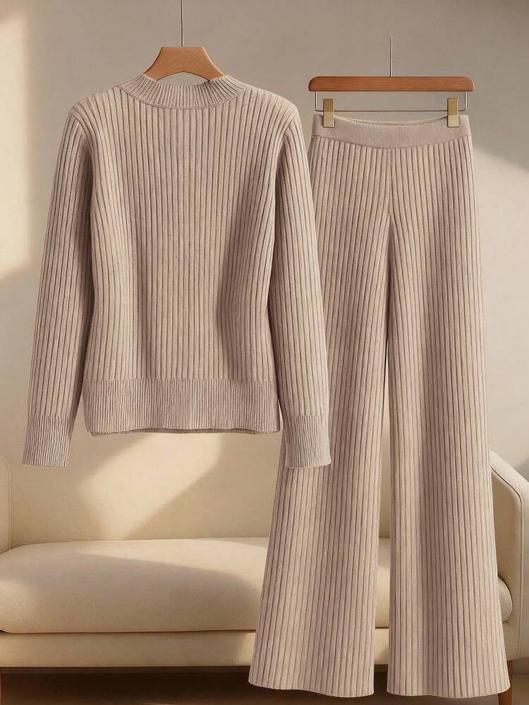 GlowEve 2pcs Women Elegant Fitted Cardigan Sweater & Pants Set, Autumn/Winter - Mocha Brown - View 2