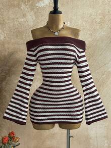 Soleia Vestido de punto ajustado con mangas acampanadas y bloques de color para mujer, adecuado para fiesta, vacaciones, estilo bohemio, romántico floral, vacaciones, lino, vestido de punto a rayas, vestido de punto hombros descubiertos, vestido de punto, ropa de otoño e invierno para mujer - Marrón - Ver 4