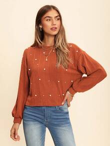 Coeurva Camiseta tejida de canalé con diseño de perla - Marrón - Ver 4