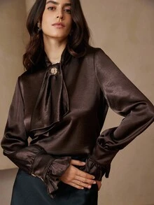 Aveloria Zanirela Hochwertig designte Bluse mit Rüschenkragen und Goldknöpfen, eleganter Pendler-Stil - Braun - Übersicht 8