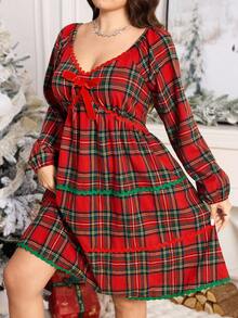 SHEIN LUNE Plus Size Women's Sweetheart Neck Bow Decor Lantern Sleeve Plaid Dress,Red Autumn Cute Satin Party Christmas New Year Elegant Sequin Winter Clothes - Red - View 1