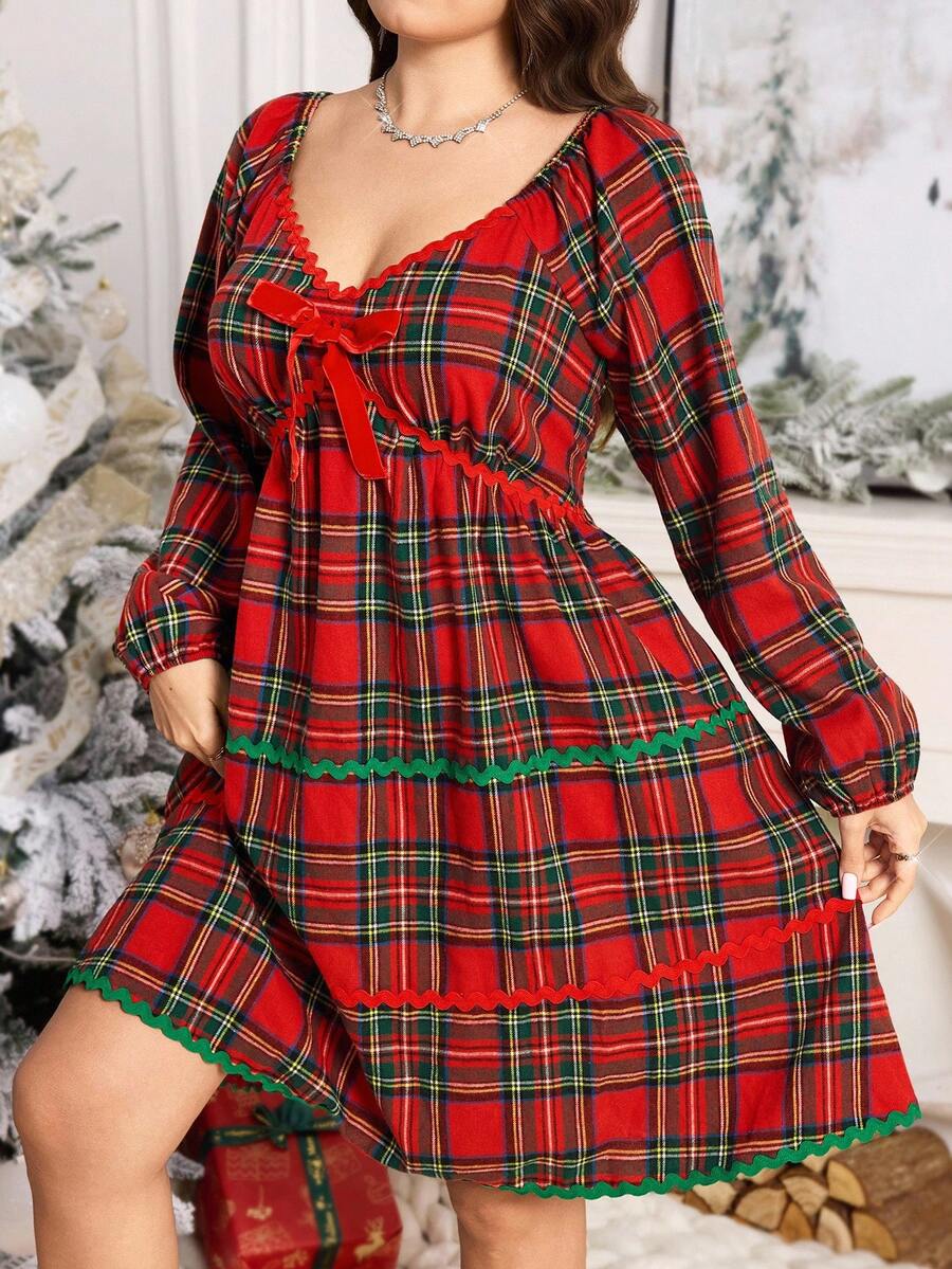 SHEIN LUNE Plus Size Women's Sweetheart Neck Bow Decor Lantern Sleeve Plaid Dress,Red Autumn Cute Satin Party Christmas New Year Elegant Sequin Winter Clothes - Red - View 1