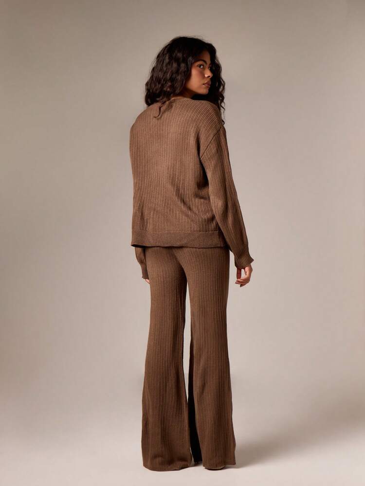 Ribbed Knit Cardigan With Flare Pants Set