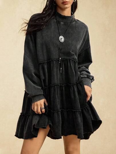 Muchica 2026SSpring And Summer ProductsPlus Size Women Solid Color High Neck Drop Shoulder Long Sleeve Ruffle Hem Casual DressTo School, Streetwear, Y2K Clothesleisure Travel