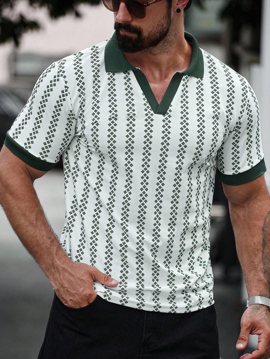 Manfinity CasualCool 男士几何印花短袖休闲 Polo 衫 - 軍綠色 - 查看 1