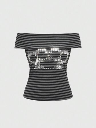 ROMWE Avant Damen Retro Y2K Bauchfreies Off-Shoulder T-Shirt mit Katzenpfoten-Folienstreifen, vielseitig einsetzbar