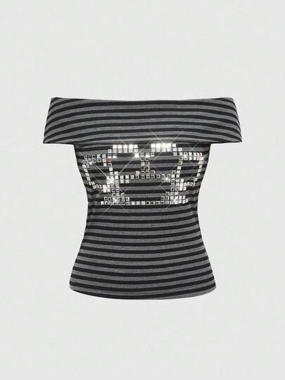 ROMWE Avant T-shirt polyvalent et pour femmes, style rétro Y2K, épaules dénudées, imprimé de pattes de chat et rayures en feuille d'or